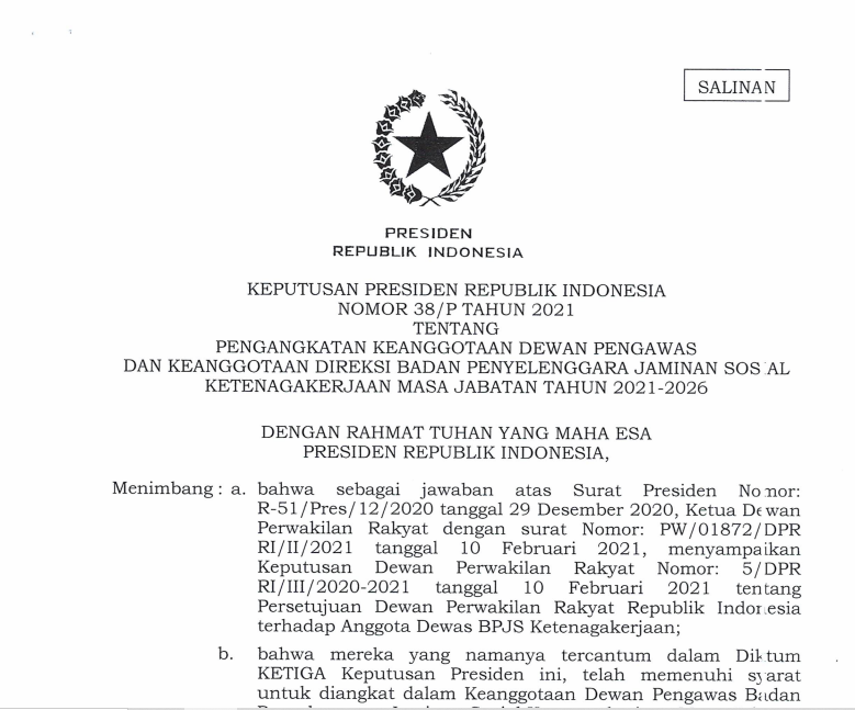 Pengumuman Panitia Seleksi Dewan Pengawas dan Dewan Direksi BPJS Ketenagakerjaan